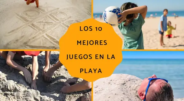 Jóvenes disfrutan de juegos en la playa: tres en raya en la arena, fútbol, cavando hoyos y enterrados.