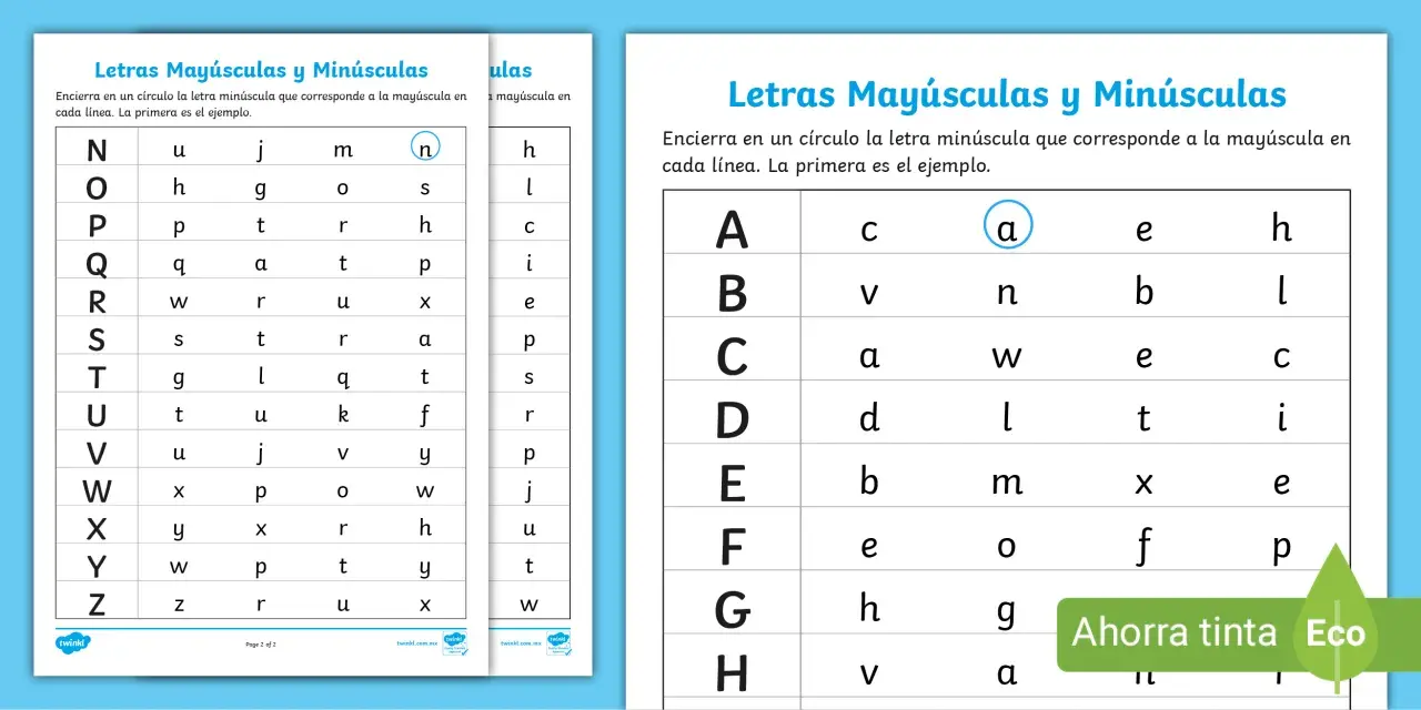 Hojas de fichas letras mayúsculas para imprimir con ejercicios de emparejar mayúsculas y minúsculas.