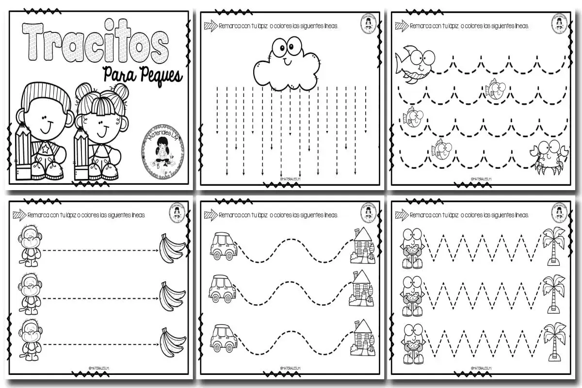 Hojas de fichas grafomotricidad con dibujos de niños, nubes, peces, monos, coches y palmeras para practicar trazos.