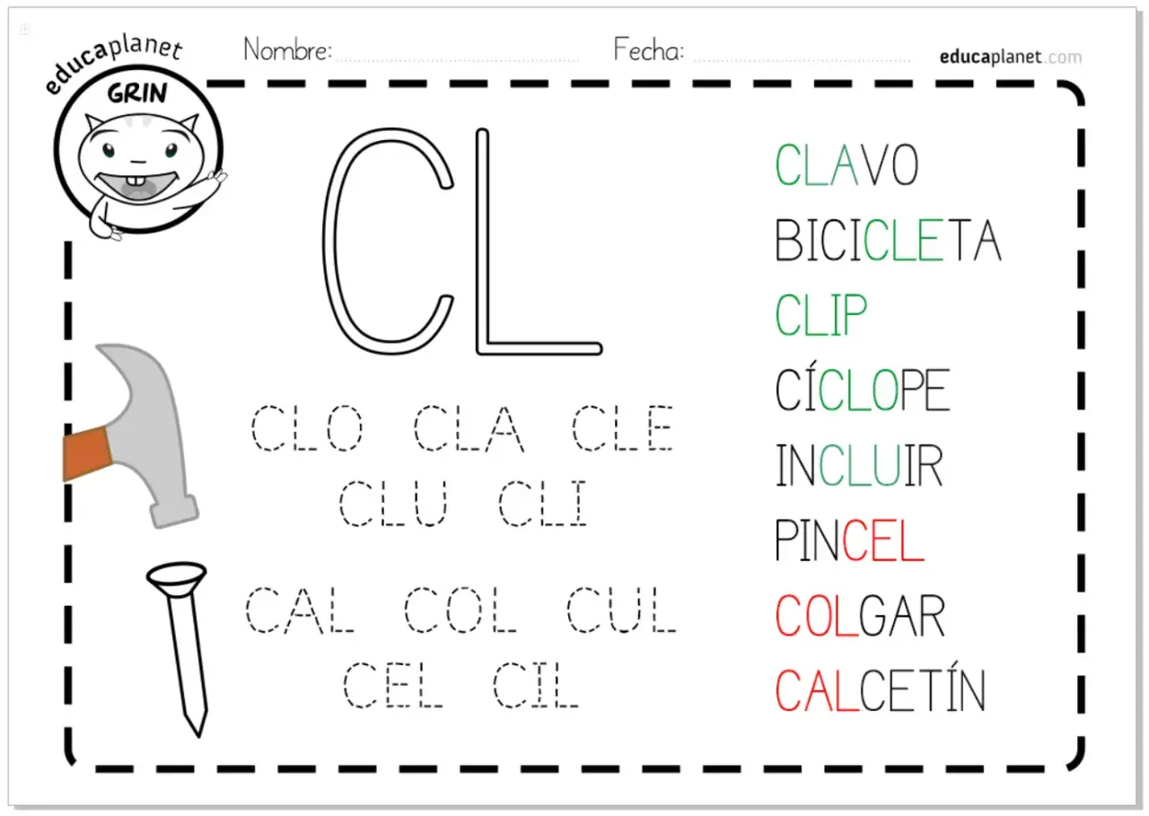 Hoja de trabajo con la letra "CL" y palabras como "clavo", "bicicleta", "clip", "ciclópe", "incluir", "pincel", "colgar", "calcetín". Practica las letras trabadas.
