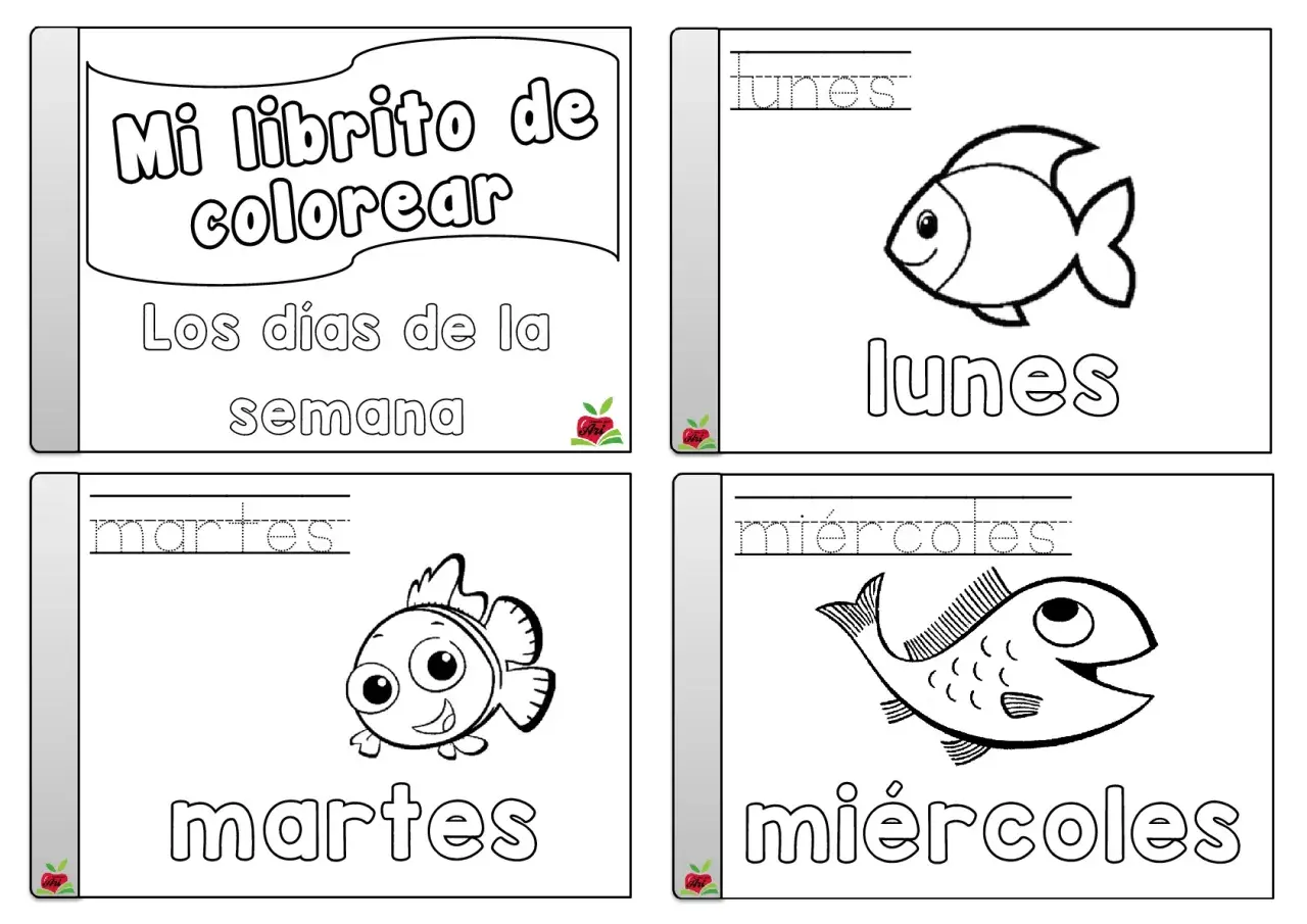 Fichas para colorear de los días de la semana con peces: lunes, martes y miércoles.