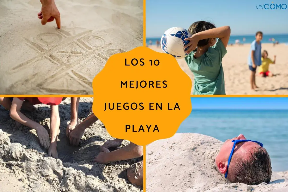 Jóvenes disfrutan de juegos en la playa: tres en raya en la arena, fútbol, cavando hoyos y enterrados.