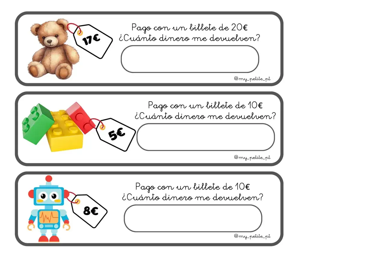 Ejercicios de problemas de dinero para 3 primaria: un oso de peluche (17€), bloques de construcción (5€) y un robot (8€).