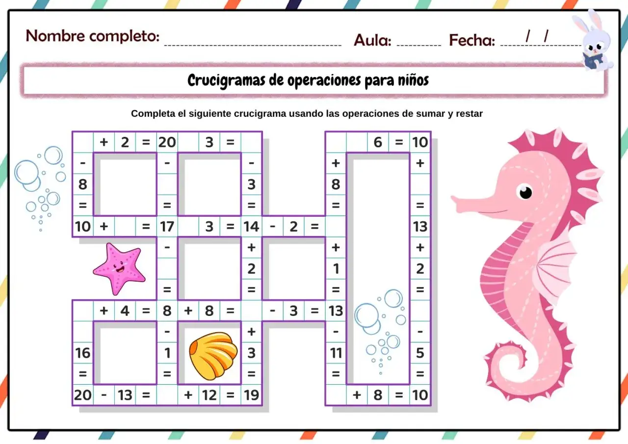 Un crucigrama de sumas y restas para ni&ntilde;os, con un caballito de mar rosa y elementos marinos.