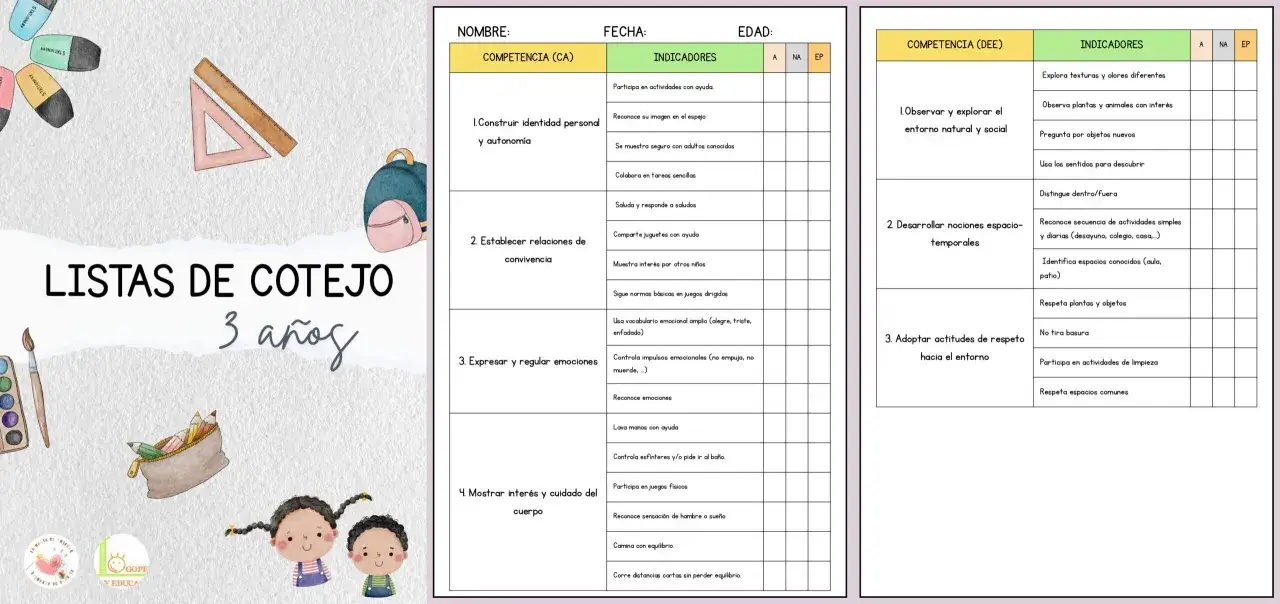 Listas de cotejo ejemplos para ni&ntilde;os de 3 a&ntilde;os, con indicadores de desarrollo personal, social y del entorno.