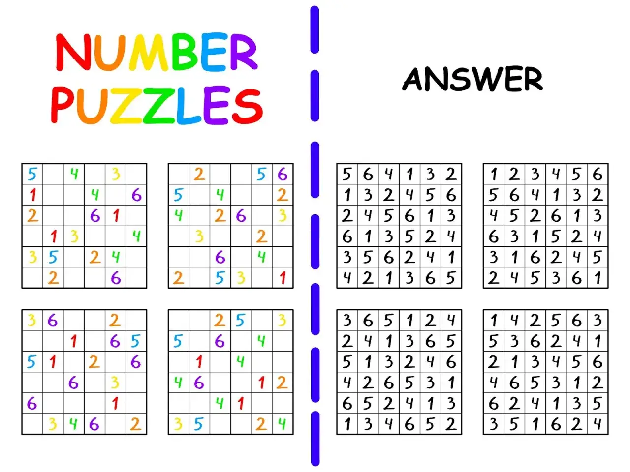 Puzzles numéricos y sus soluciones, ideales para ejercicios de memoria.