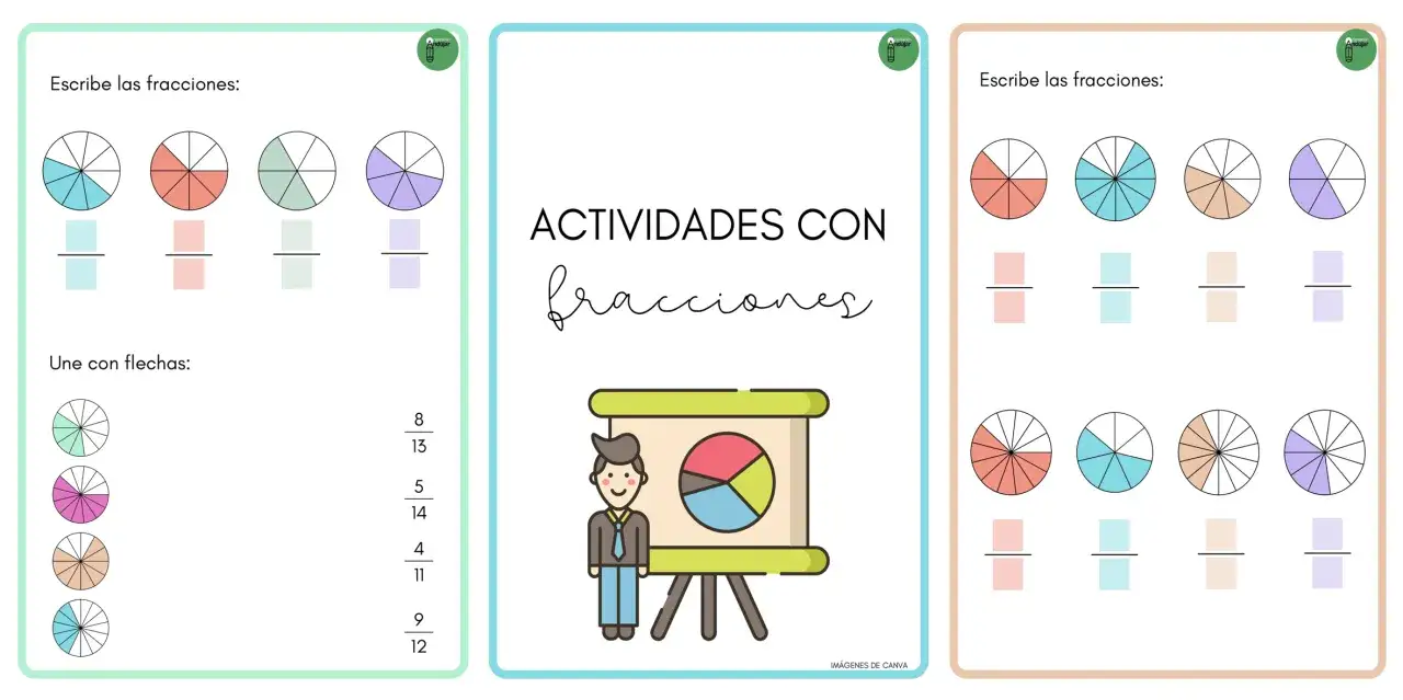 Ficha de actividades para 4º de primaria sobre fracciones. Incluye ejercicios para escribir fracciones a partir de gráficos y unir fracciones con flechas.