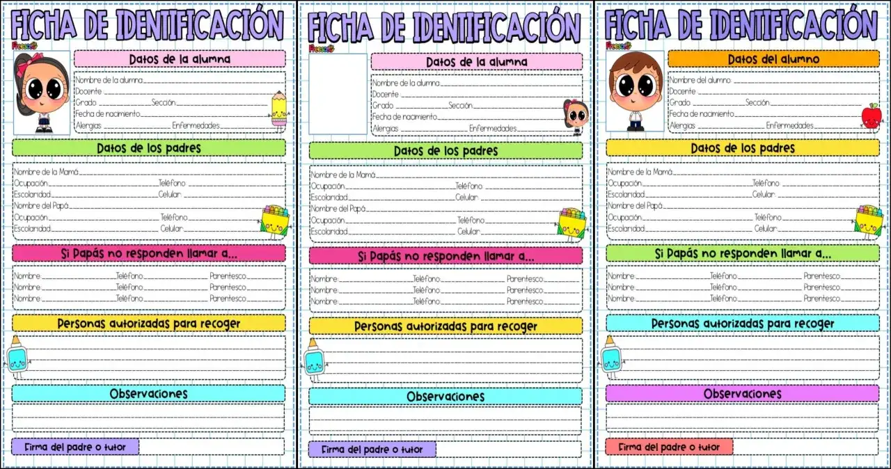 Ficha alumno: formulario para datos de estudiantes, padres y contactos de emergencia. Incluye secciones para informaci&oacute;n personal, m&eacute;dicas y de recogida.