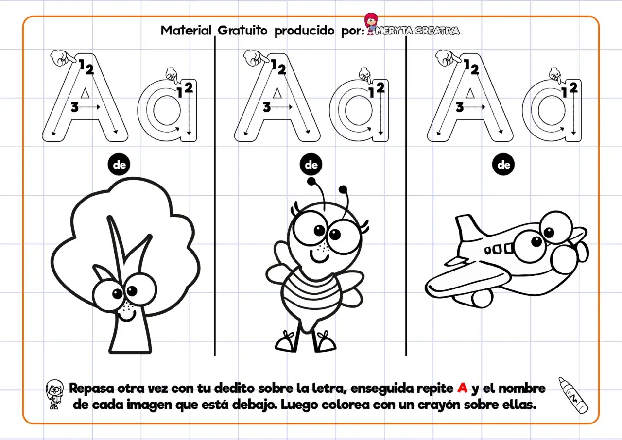 Hojas de vocales para imprimir con la letra A, un árbol, una abeja y un avión. Ideal para aprender y colorear.