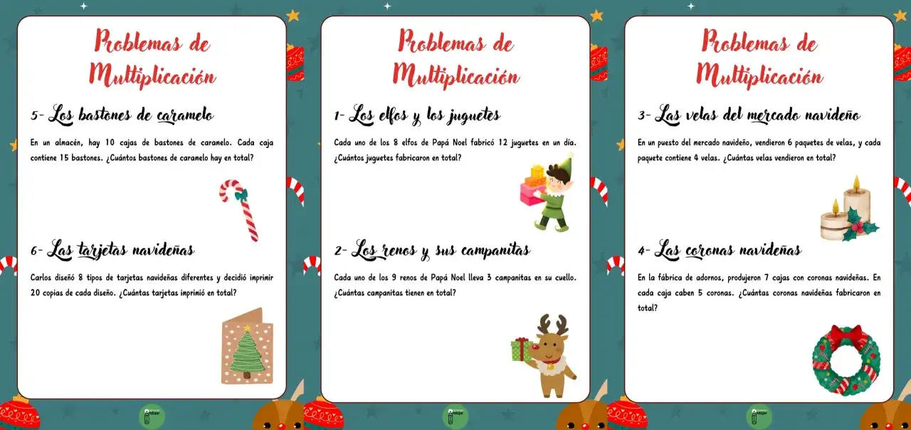Problemas de multiplicaci&oacute;n navide&ntilde;a: elfos, renos, bastones de caramelo, velas y coronas.