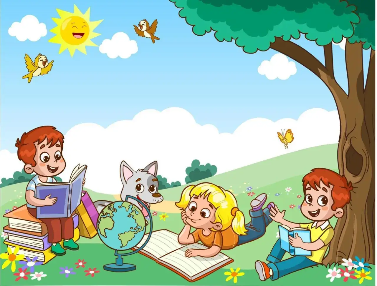 Ni&ntilde;os leyendo bajo un &aacute;rbol, aprendiendo frases para leer ni&ntilde;os 5 a&ntilde;os. Un perro y mariposas los acompa&ntilde;an.