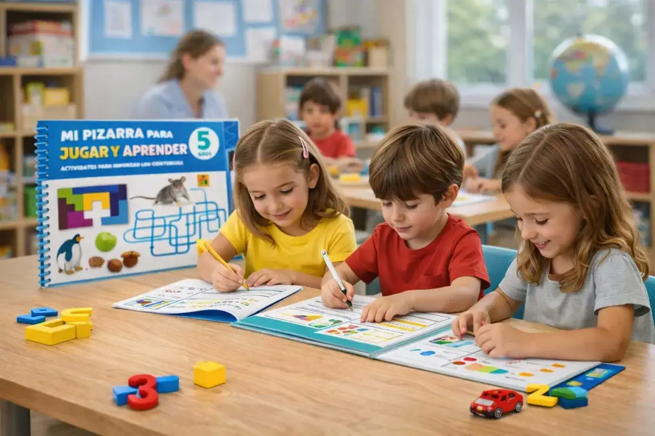 Ni&ntilde;os concentrados en actividades de inicio de curso, aprendiendo y jugando con un libro interactivo en un aula.