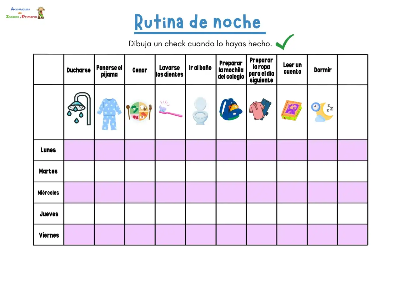 Tabla para seguir las rutinas diarias de noche: ducharse, cenar, lavarse los dientes, ir al baño, preparar mochila y ropa, leer y dormir.