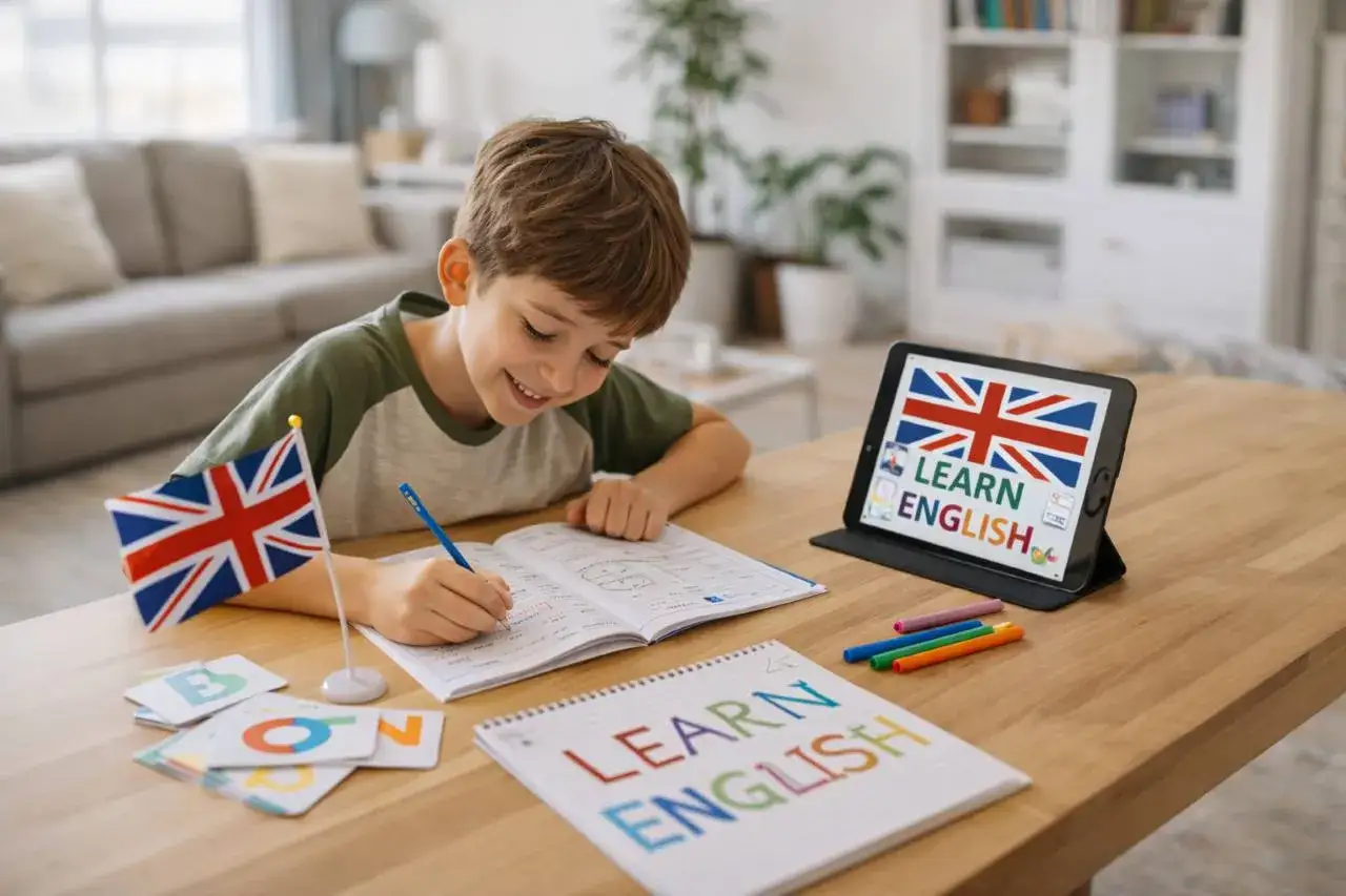 Niño sonriente aprende inglés con ejercicios y trabalenguas largos en su tablet, rodeado de la bandera británica y materiales educativos.