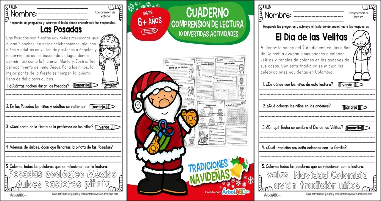 Cuaderno de comprensión lectora navideña con actividades sobre