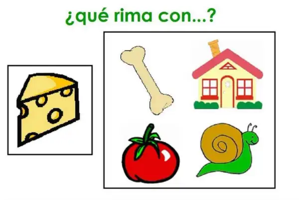 Juegos de conciencia fonológica online: ¿qué rima con queso? Hueso, casa, tomate, caracol.