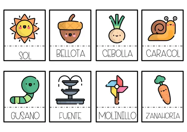 Tarjetas con dibujos de sol, bellota, cebolla, caracol, gusano, fuente, molinillo y zanahoria. Vocabulario de primavera para aprender.